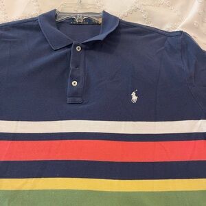 Ralph Lauren Men's Navy Polo Shirt with Multicolor Stripes